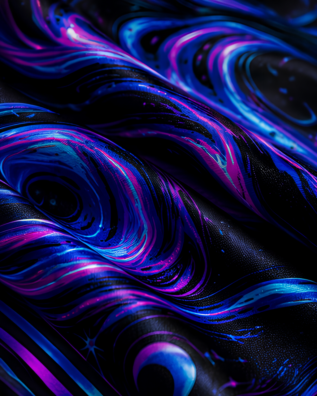 A close-up of draped LMNO scarf fabric with a swirling cosmic pattern in vivid blue, purple, pink, and black.