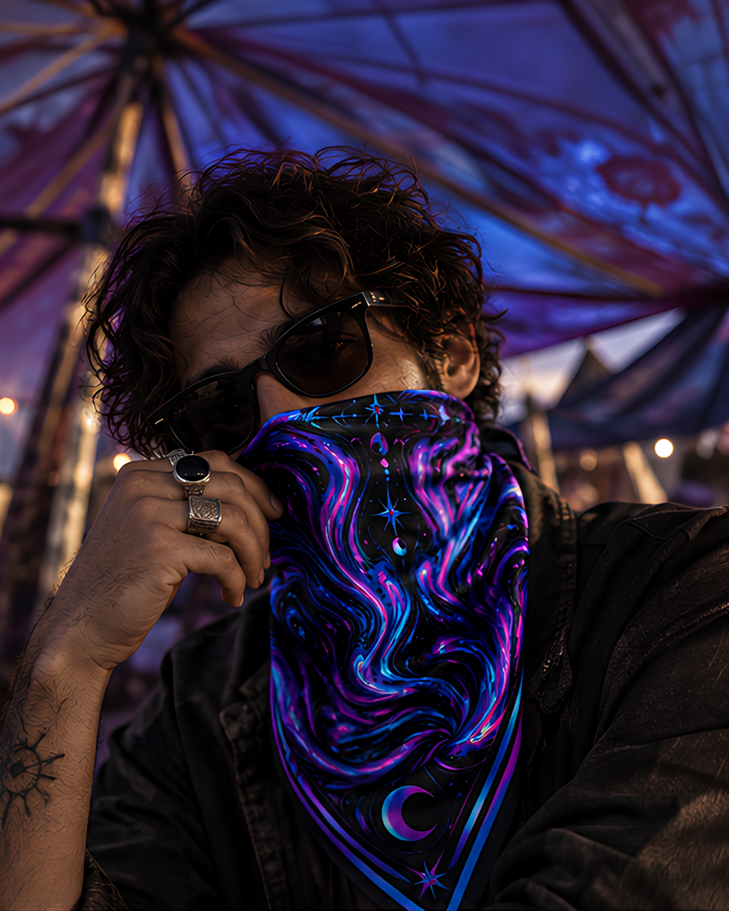 A person wearing a black LMNO bandana with a vibrant cosmic swirl pattern in purple, blue, and pink, styled under a purple canopy at dusk.