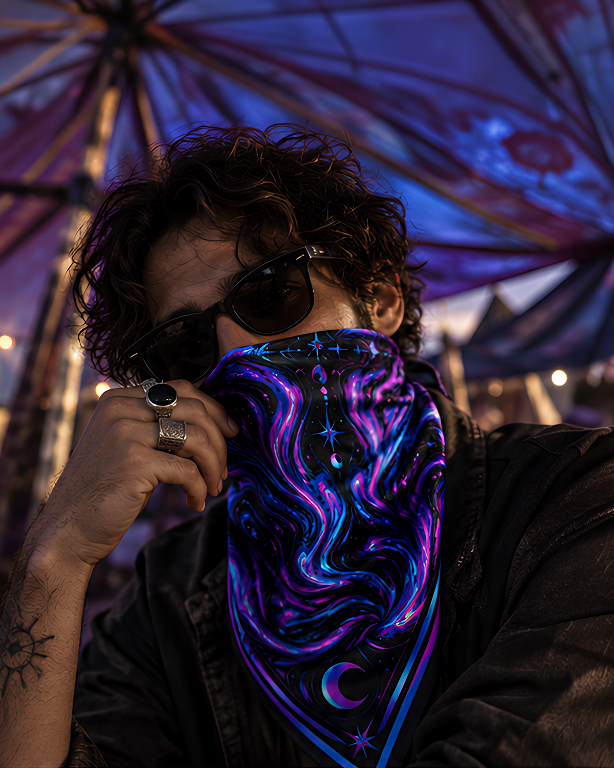 A person wearing a black LMNO bandana with a vibrant cosmic swirl pattern in purple, blue, and pink, styled under a purple canopy at dusk.