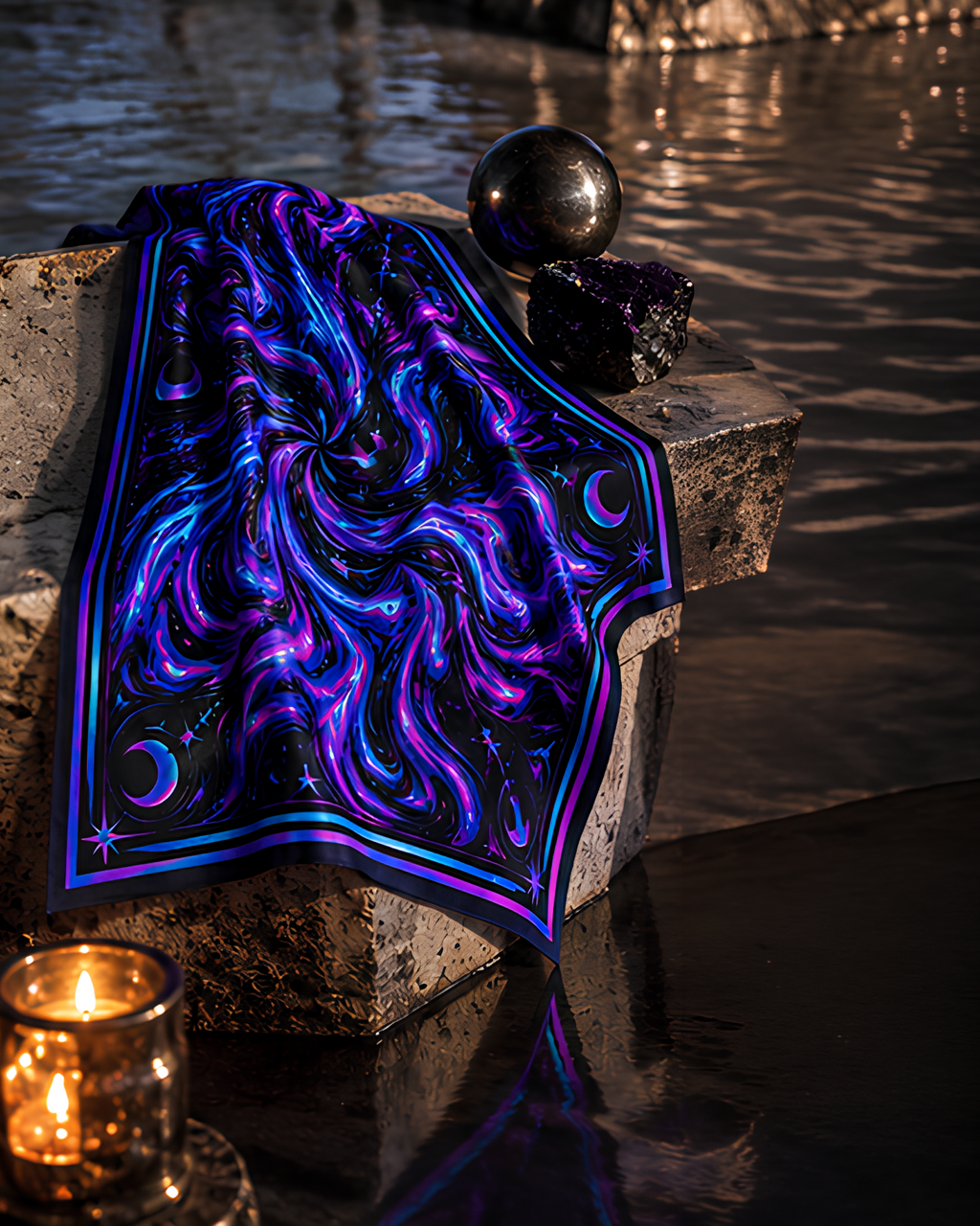 A square LMNO scarf with a vivid cosmic swirl pattern in purple, blue, and black, draped over stone blocks beside reflective water, with a lit candle and dark decorative spheres nearby.