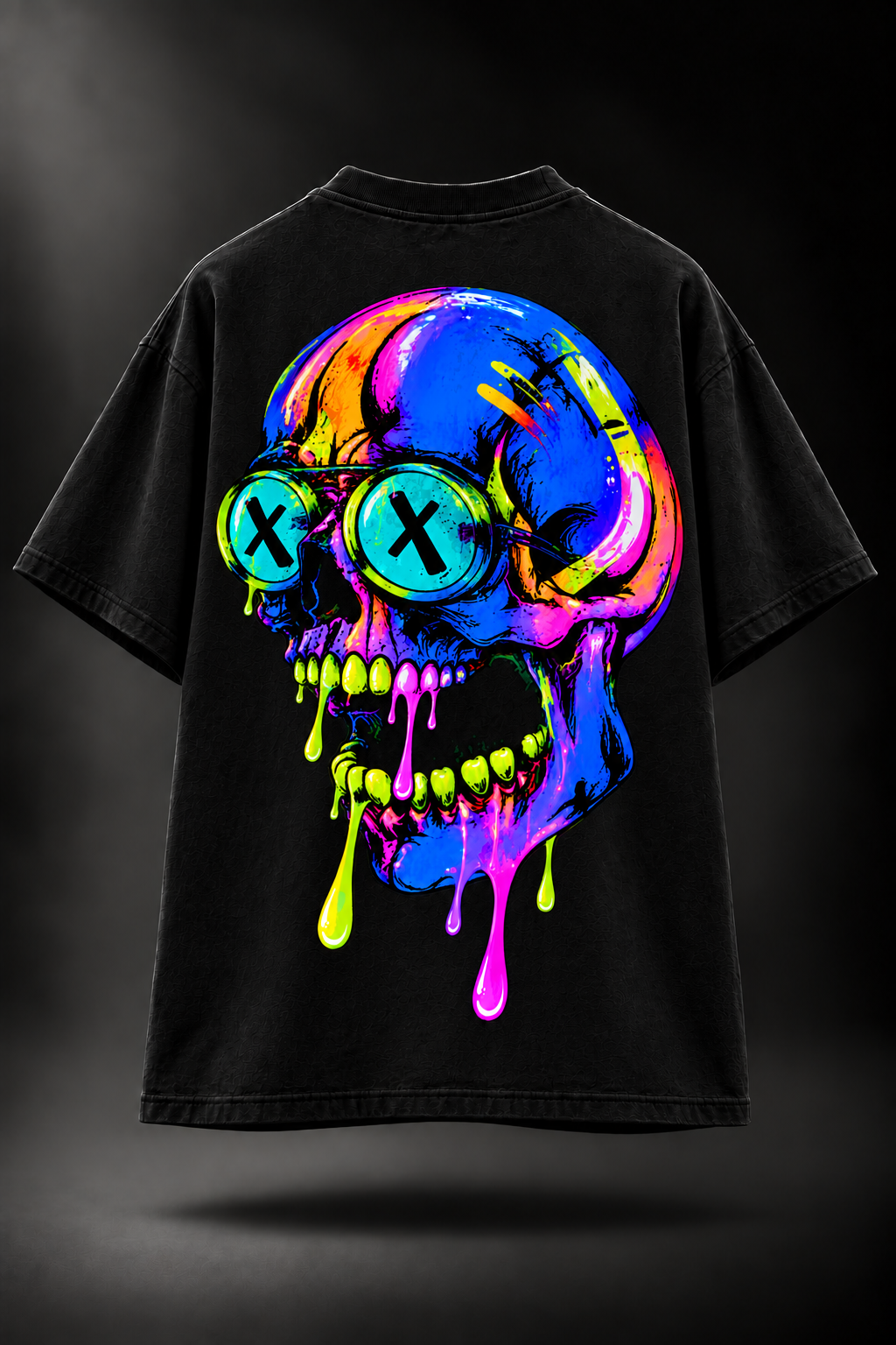 A black LMNO t-shirt featuring a large, vibrant neon graphic of a dripping skull with colorful sunglasses on the back.