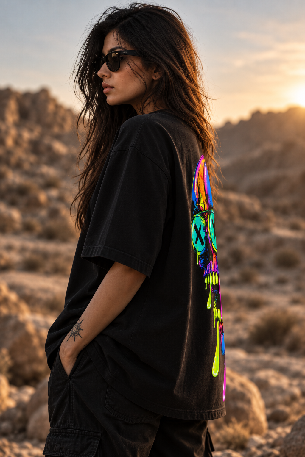 A woman wearing an oversized black LMNO t-shirt with a vibrant, multicolored dripping skull graphic on the back, photographed in a desert landscape at sunset.