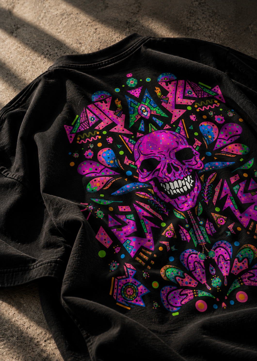 A black LMNO T-shirt laid flat on a textured concrete surface, featuring a large colorful graphic print of a skull surrounded by geometric and patterns.