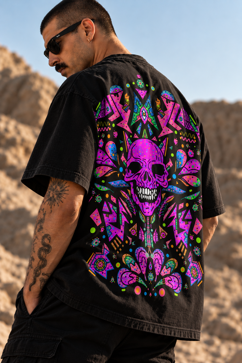 A man wearing a black LMNO t-shirt with a large, vibrant neon pink, purple, and green skull graphic on the back, photographed outdoors in a desert setting.