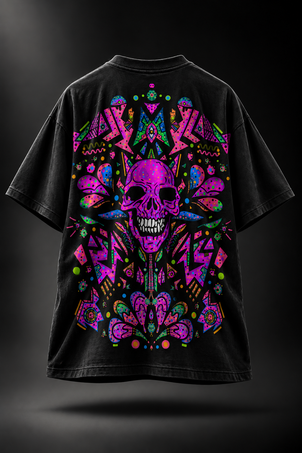 A black LMNO t-shirt with a large, vibrant neon graphic on the back featuring a central skull surrounded by intricate geometric and tribal patterns.