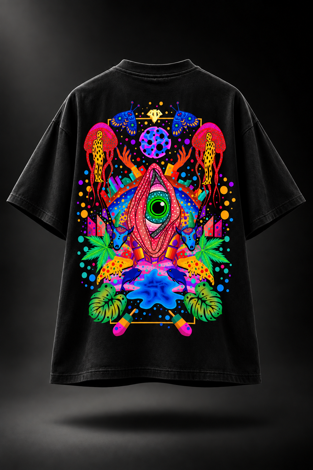 A black LMNO t-shirt with a large, vibrant, multicolored psychedelic graphic on the back.