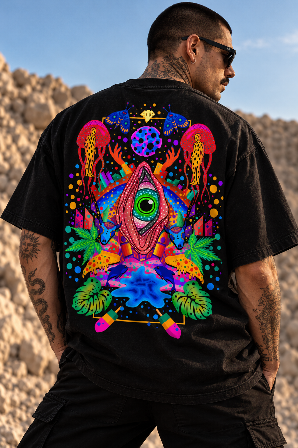 A man wearing a black LMNO t-shirt with a highly detailed, colorful psychedelic graphic on the back, photographed outdoors against a rocky desert background.