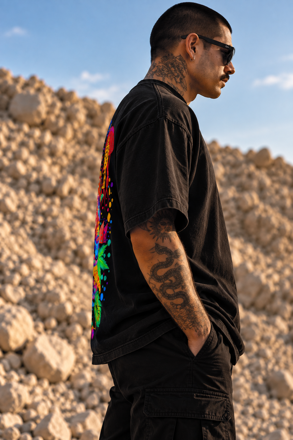 A man wearing a black LMNO t-shirt with a colorful neon splatter graphic on the back, standing in a rocky outdoor environment.
