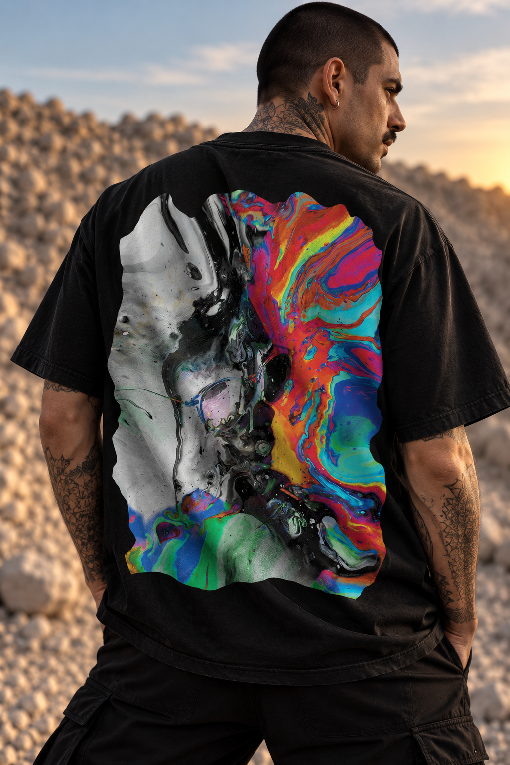 A man wearing a LMNO black t-shirt with an abstract fluid art graphic on the back. 