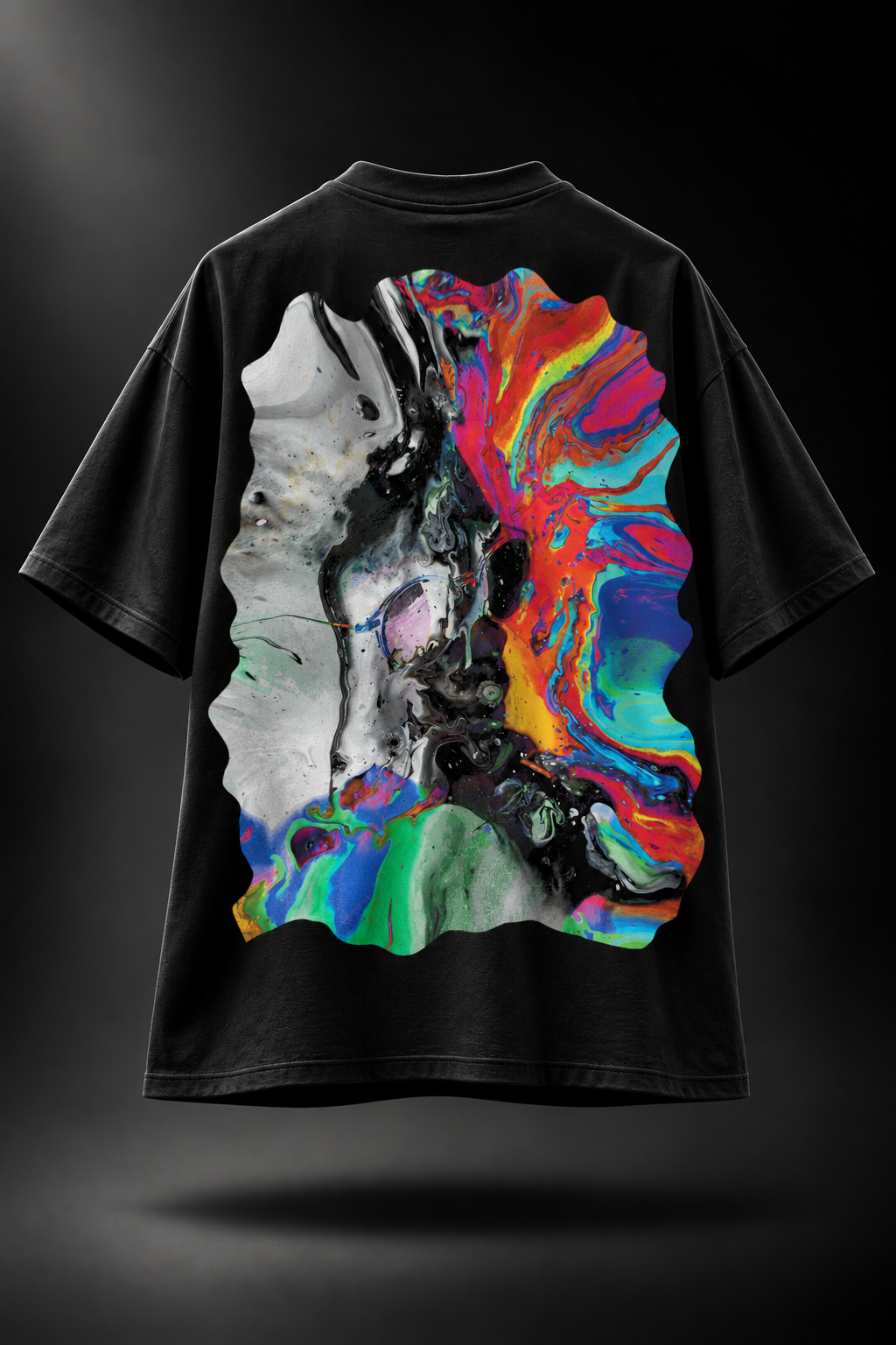 A black LMNO t-shirt, featuring an abstract fluid art graphic as the back print.