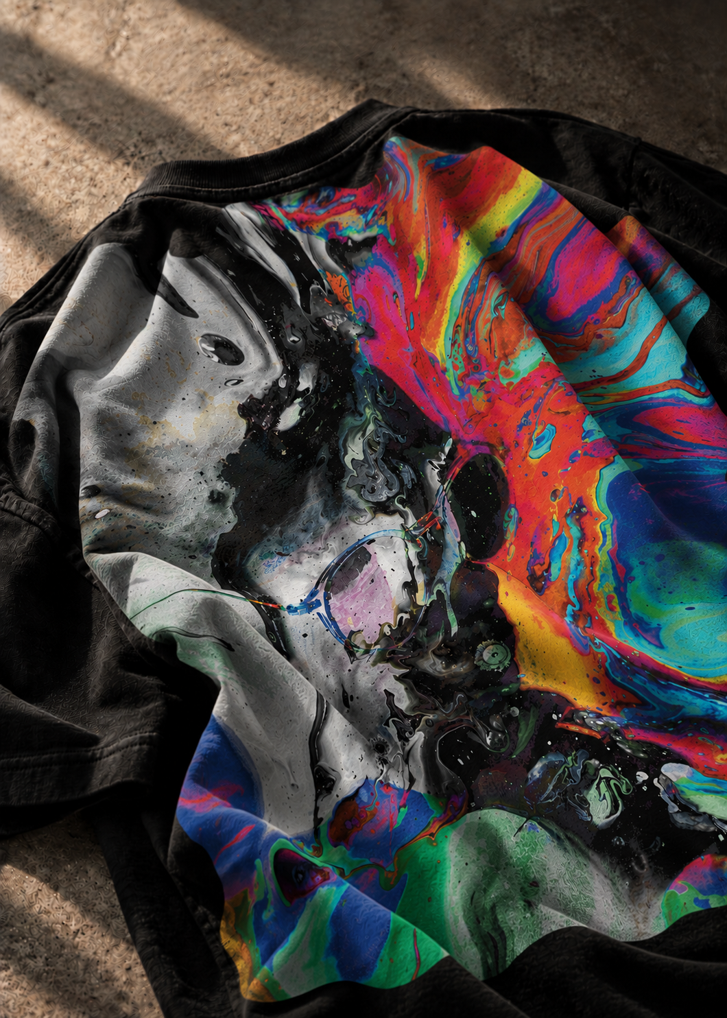 A LMNO RETROSPECT Black Tshirt with abstract back print lying on a concrete background.