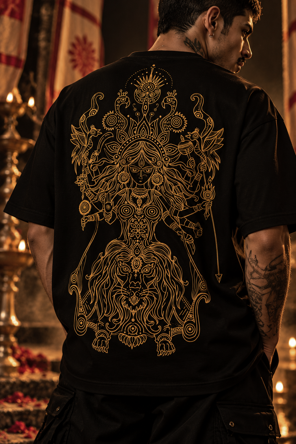 A man viewed from behind wearing a black LMNO t-shirt with a large, intricate gold line-art graphic of a Hindu deity and lion on the back, set against a warm, candle-lit background.
