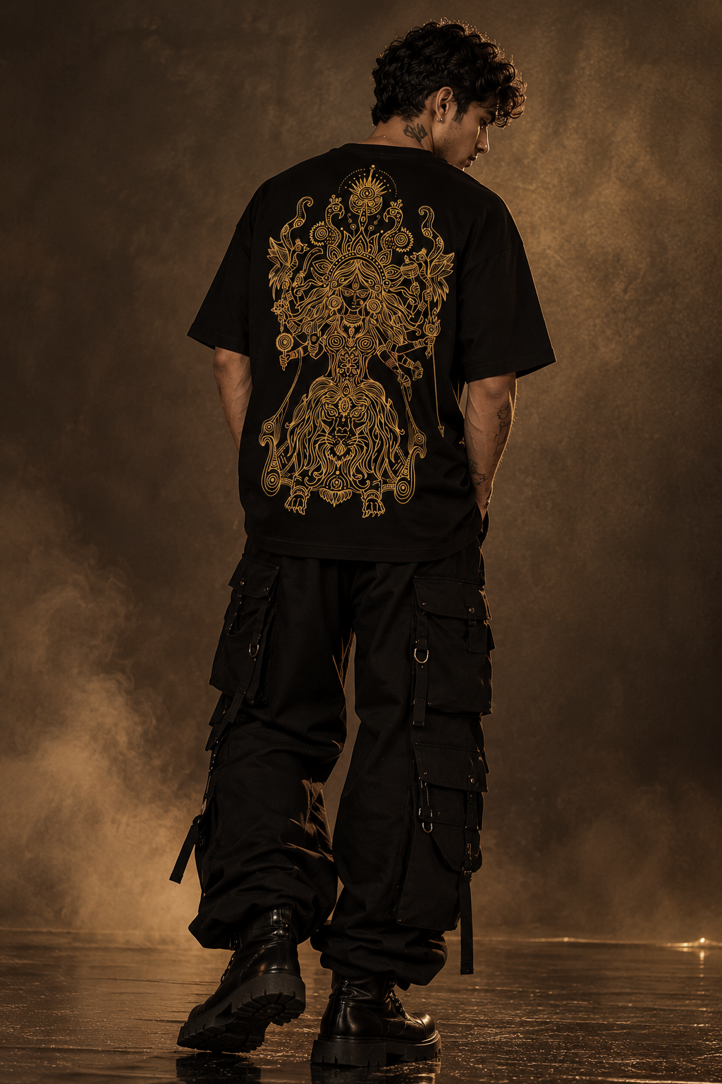 A man stands with his back to the camera wearing a black LMNO t-shirt with a large gold mandala-style graphic Durga print on the back, paired with black cargo pants and black boots, set against a dark, smoky brown background.