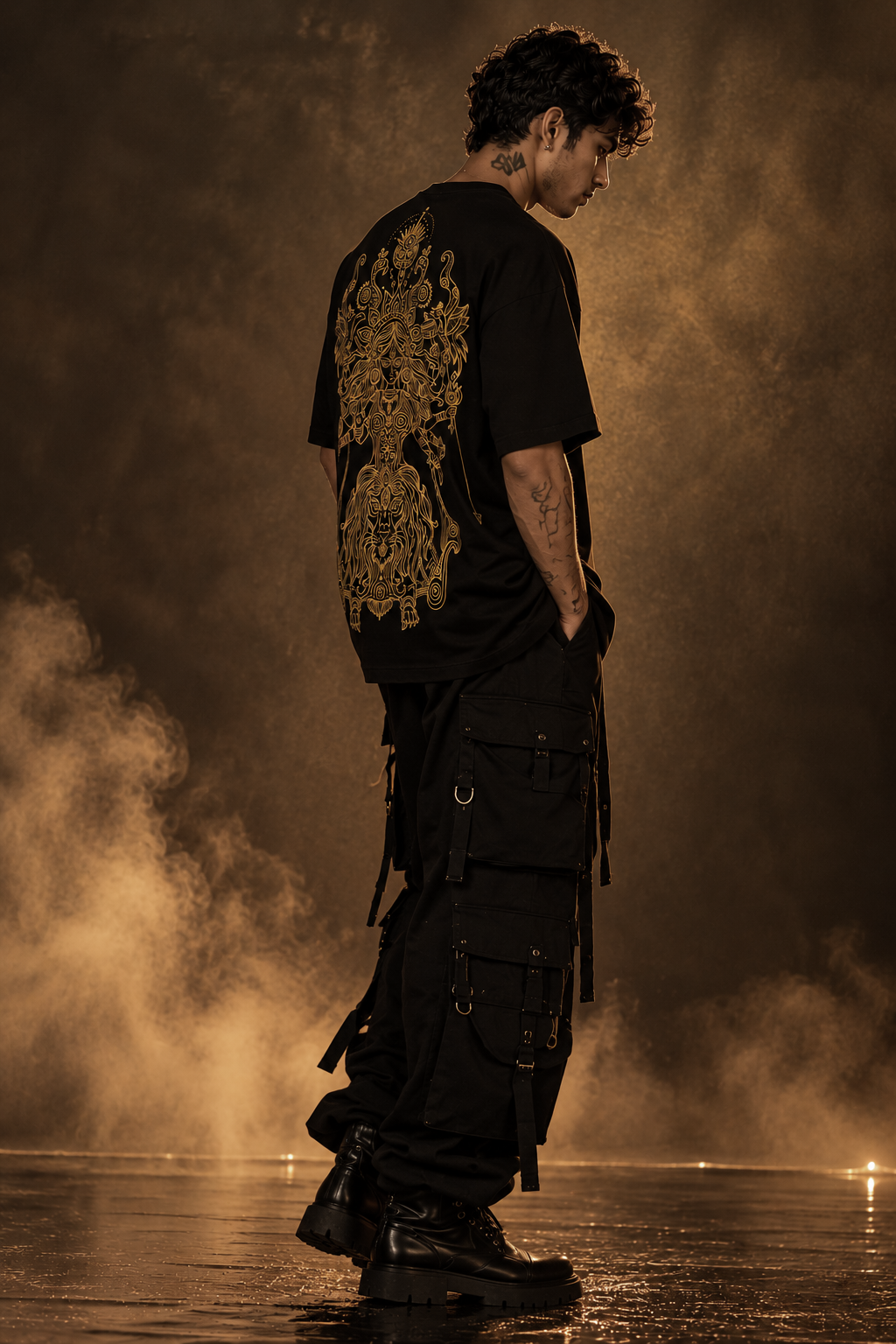 A man stands in a smoky, moody studio setting wearing a black graphic LMNO T-shirt with a large ornate gold design on the back, black cargo pants, and black boots.