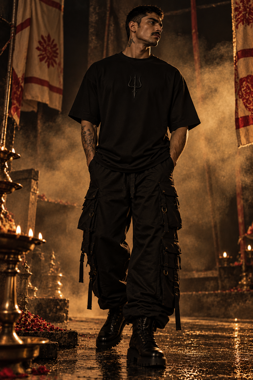 A man viewed from front wearing a black LMNO t-shirt with a black puffed Trishul,  set against a warm, candle-lit background.