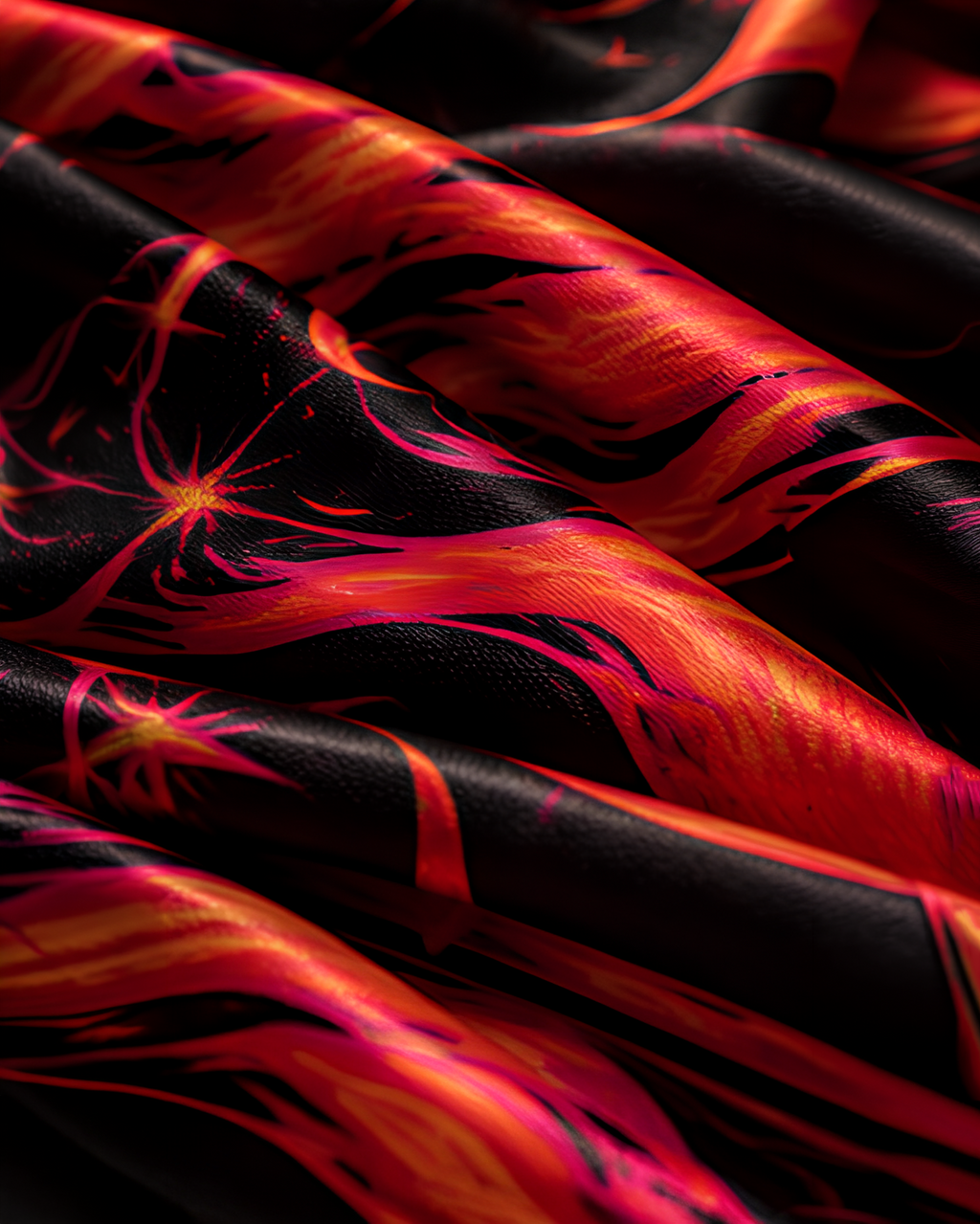 A close-up of draped black LMNO scarf fabric with a vivid red, orange, and magenta flame-like pattern, filling the frame.