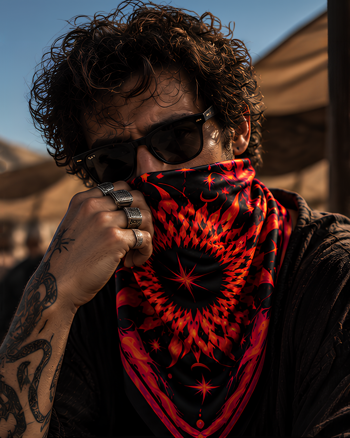 A close-up lifestyle shot of a person wearing a black LMNO bandana with a vibrant red and orange geometric starburst pattern, styled with dark sunglasses, silver rings, and a black shirt in an outdoor setting.