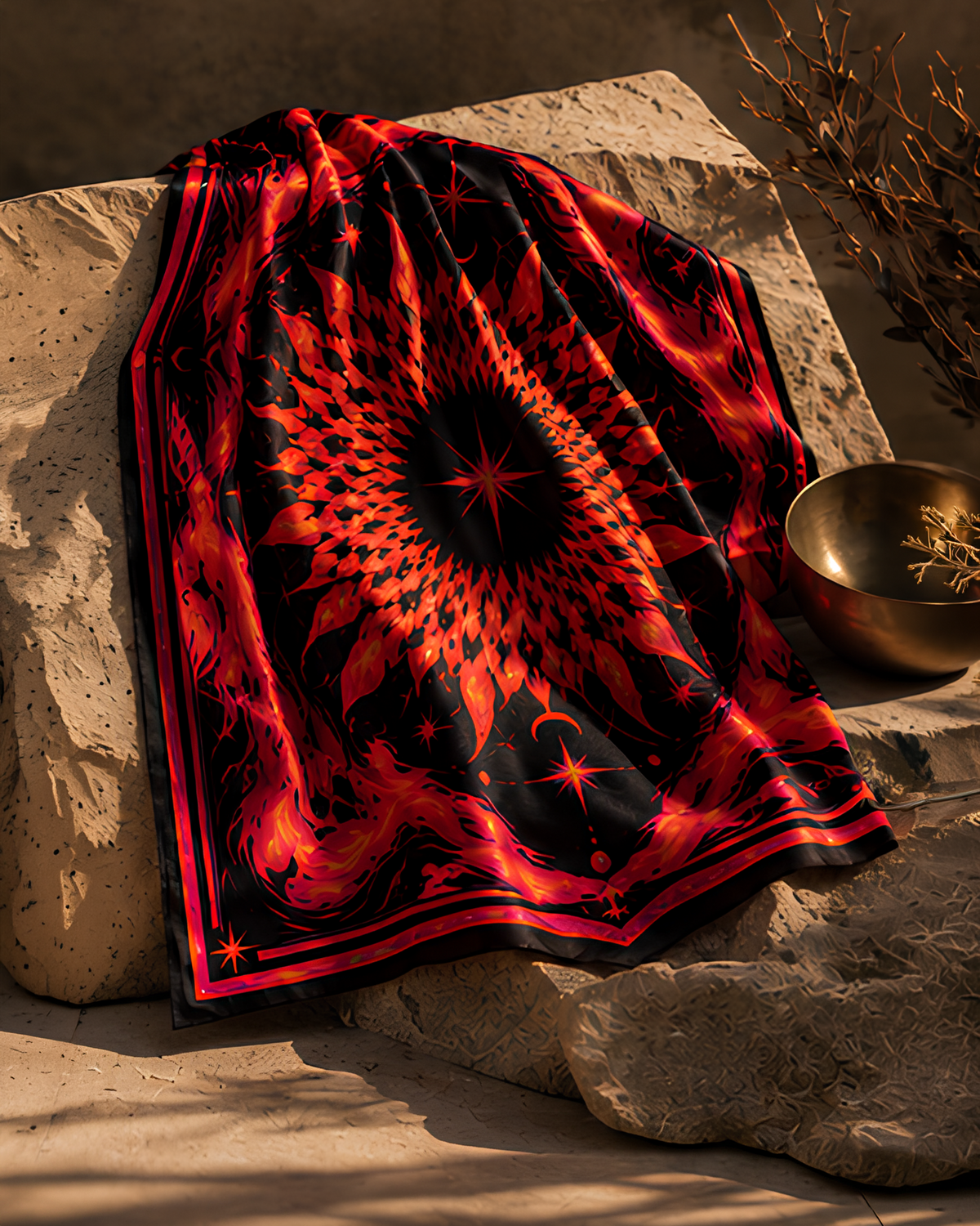 A LMNO scarf with a vibrant red and orange mandala-style cosmic pattern draped over rough stone blocks in warm natural light.