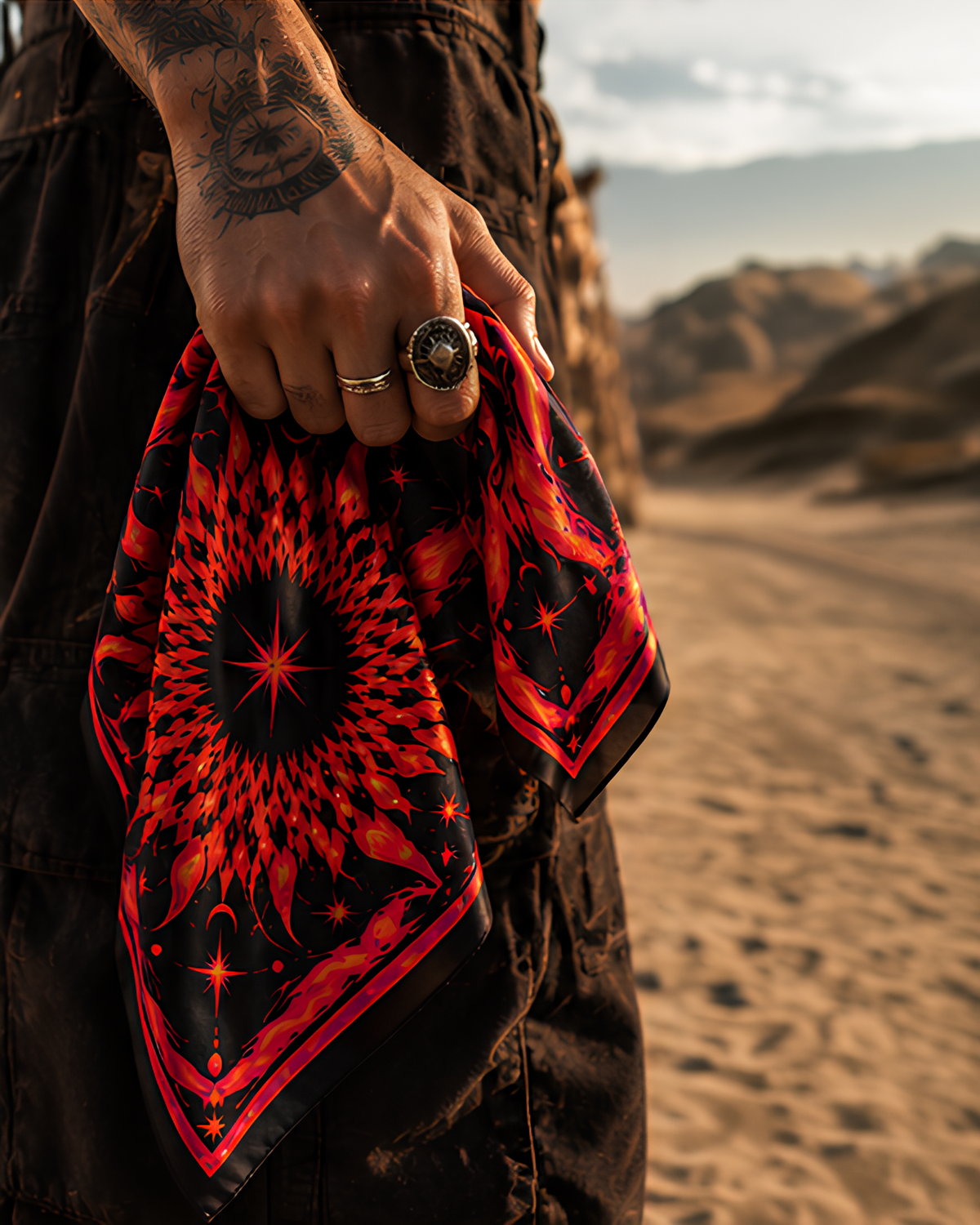 A close-up of a person's tattooed hand holding a black LMNO bandana with a vibrant red and orange sunburst pattern, set against a blurred desert landscape background.