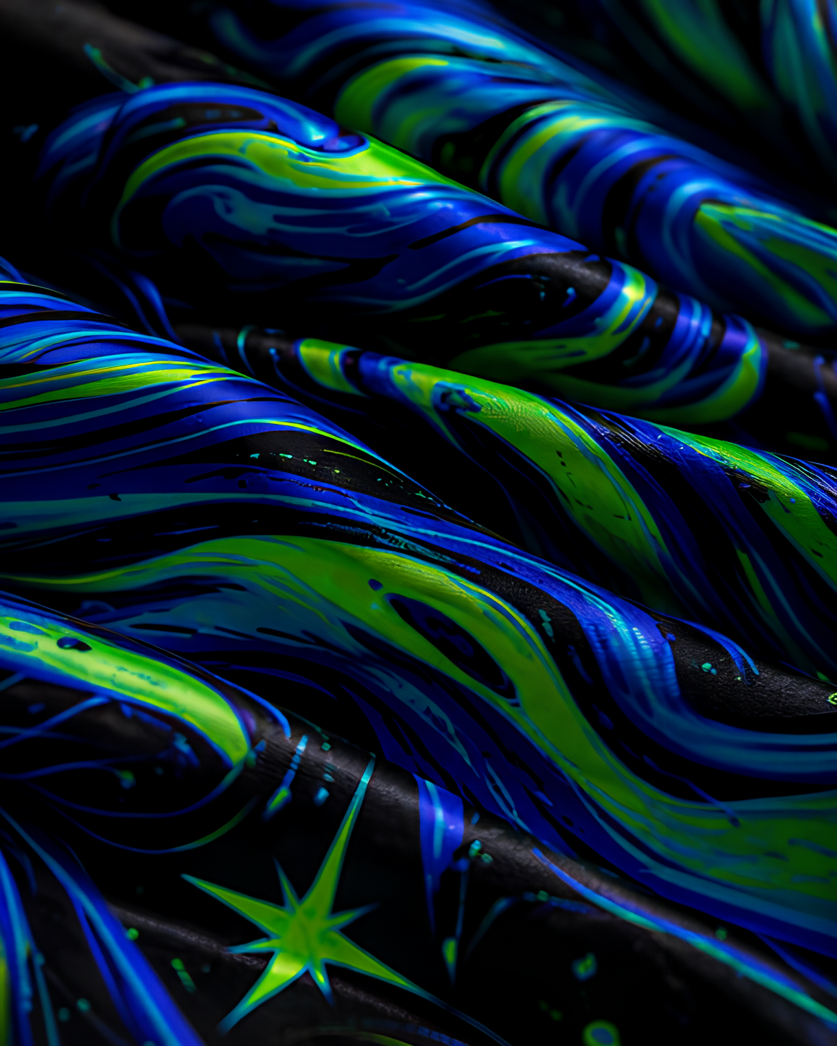 A close-up of a draped LMNO satin fabric with a marbled swirl pattern in neon green, electric blue, and black, featuring a small star motif near the bottom.