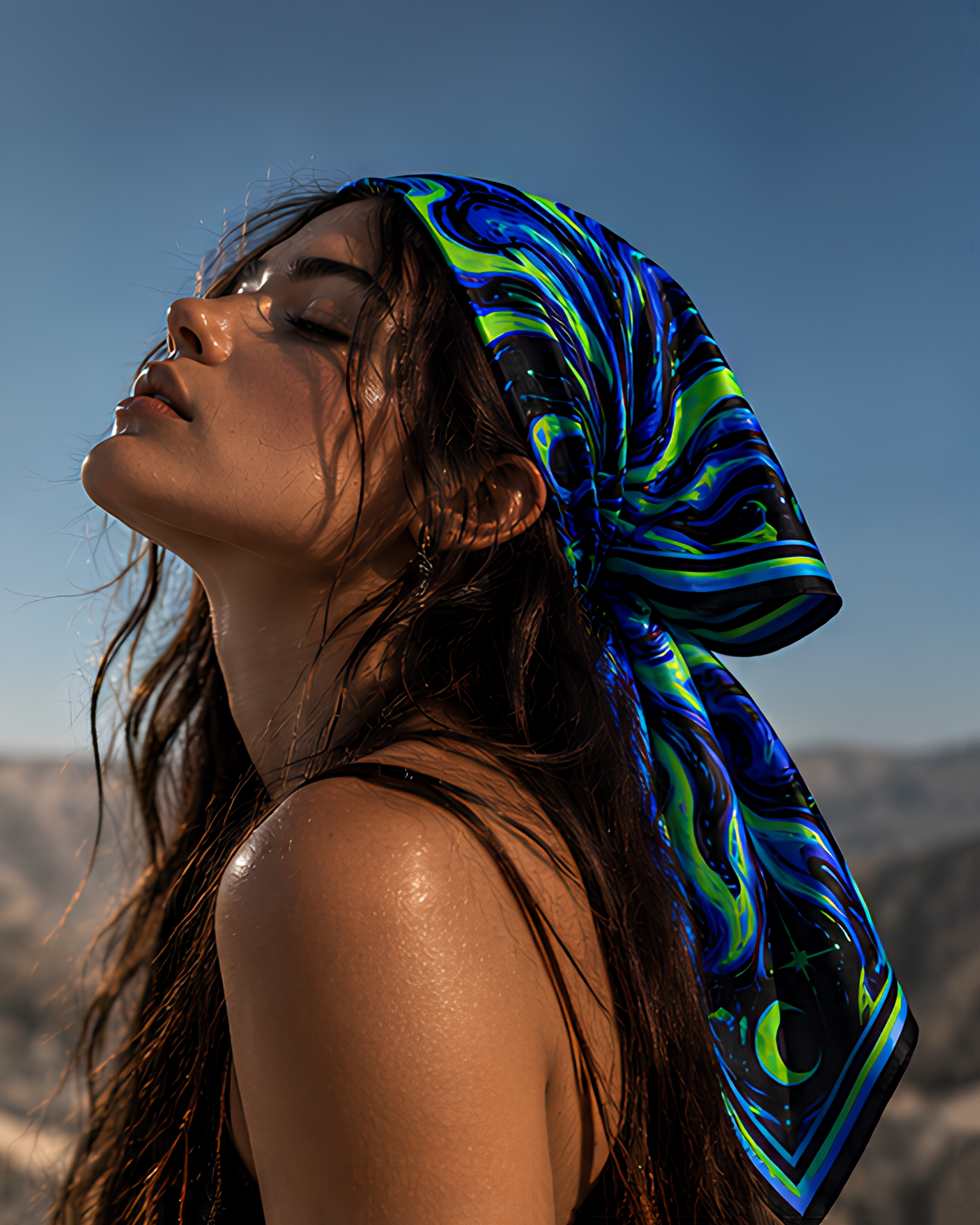 A woman outdoors wearing a vibrant silk LMNO scarf with a swirling blue, green, and black pattern tied under her head. The background shows a clear blue sky and distant mountains.