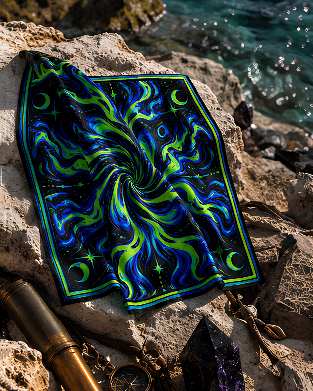A square LMNO scarf with a psychedelic swirl pattern in neon green, blue, and black, draped over a rocky beach next to the ocean.