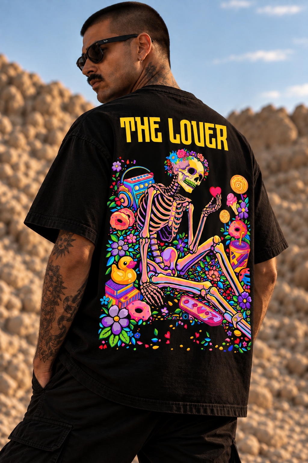 A man wearing a black graphic t-shirt outdoors in a rocky desert landscape. The back of the shirt features a large colorful Day of the Dead style skeleton illustration with the text 'THE LOVER' in yellow at the top.