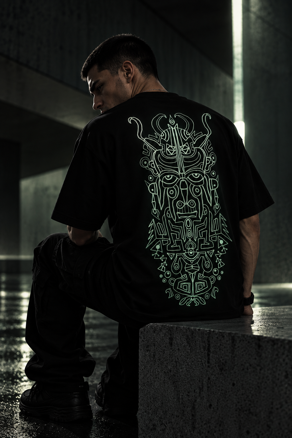 A man wearing a black LMNO t-shirt with a large glowing green tribal mask graphic on the back, sitting on a concrete ledge in a dark, moody urban setting.