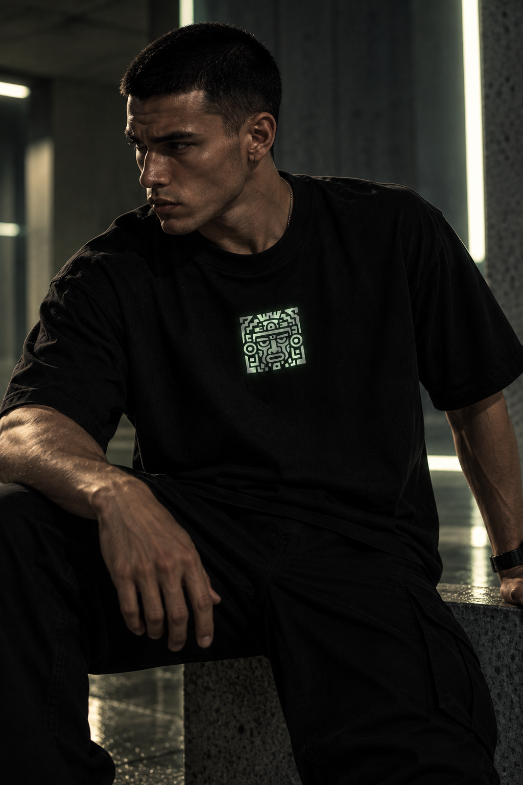 A man wearing a black LMNO t-shirt with a green geometric graphic on the left chest, sitting in a dimly lit modern interior.