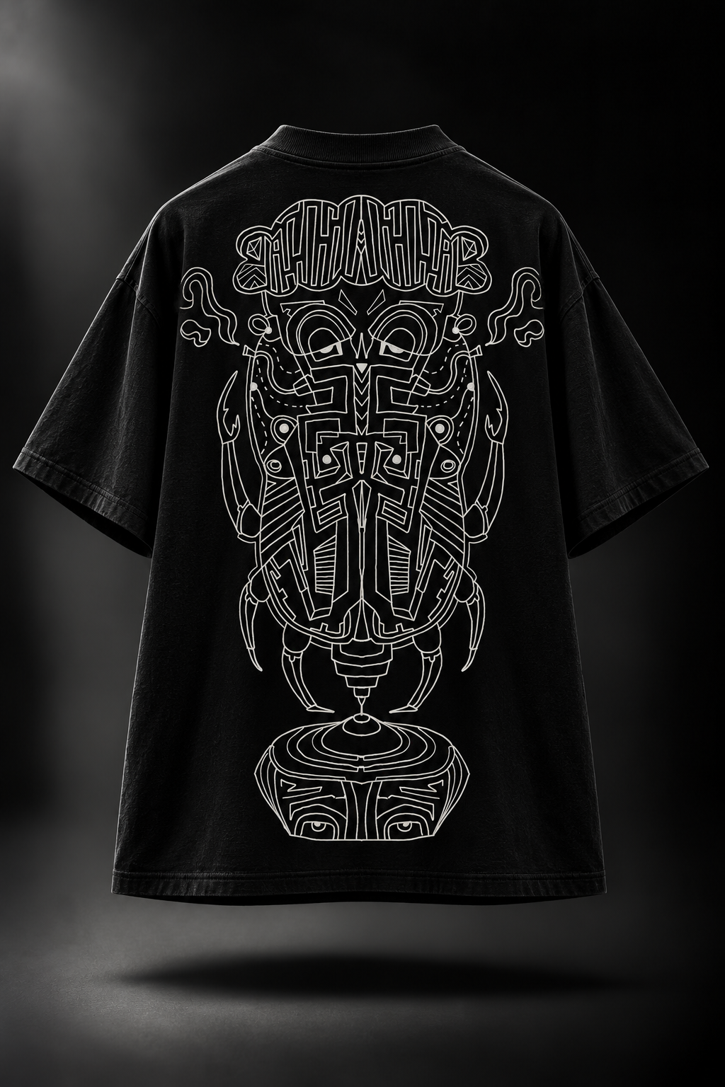 A black LMNO t-shirt shown from the back, featuring a large white line-art graphic with intricate geometric and tribal-inspired details.