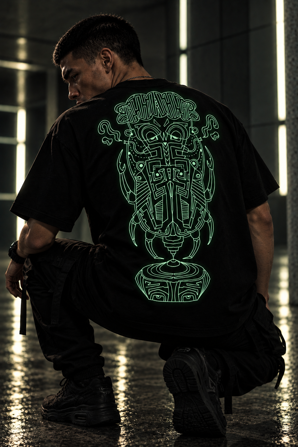 A man crouching in a dark industrial setting, wearing a black LMNO t-shirt with a large glowing green tribal graphic on the back.