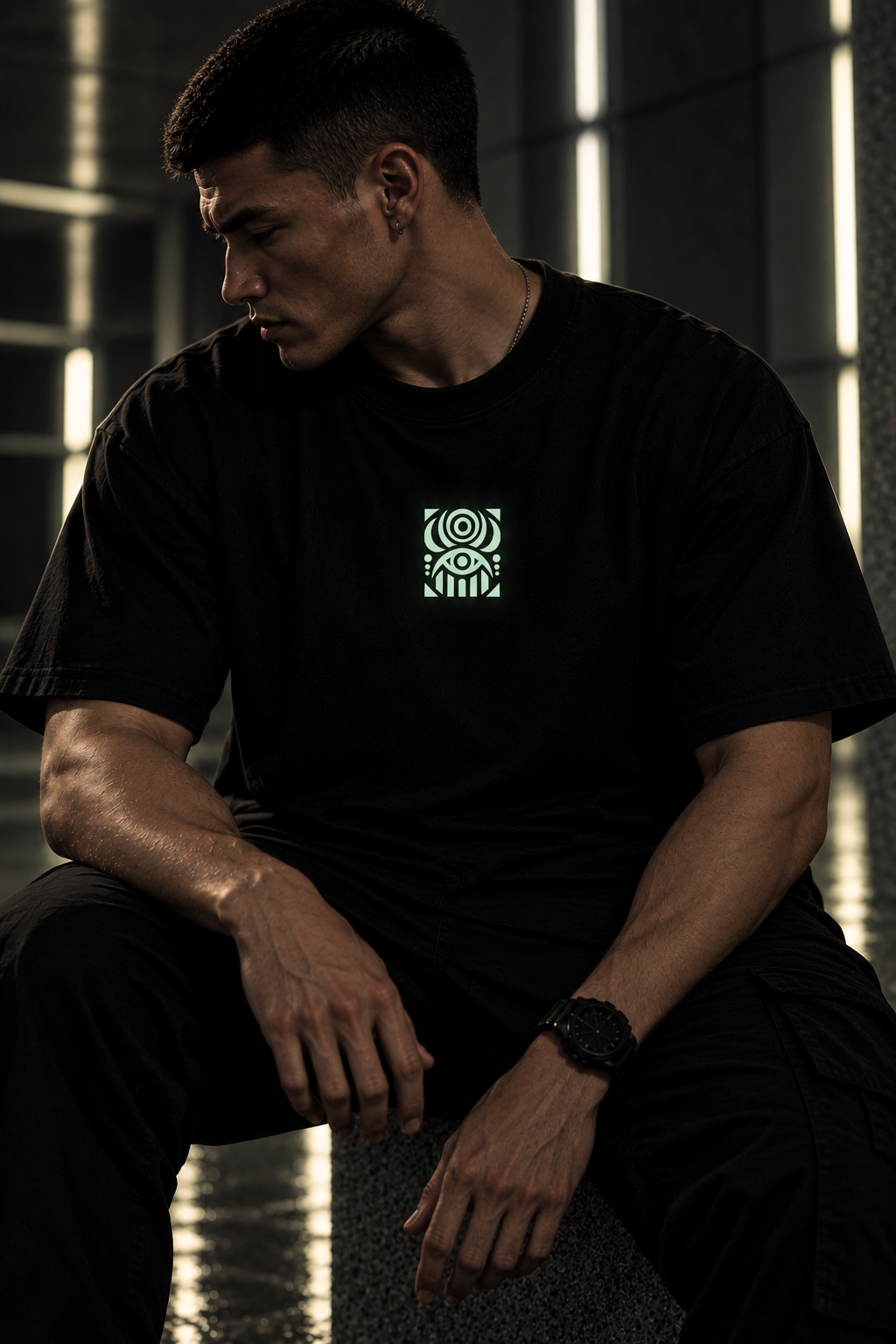 A man wearing a black LMNO t-shirt with a small green geometric eye graphic on the chest, sitting in a dimly lit, modern interior setting.