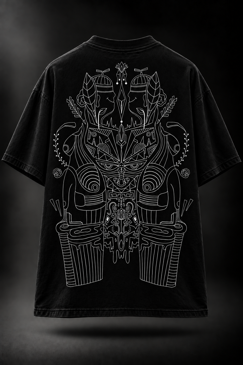 A black LMNO t-shirt with a large white line-art graphic of a highly detailed, symmetrical skull-like mask on the back.