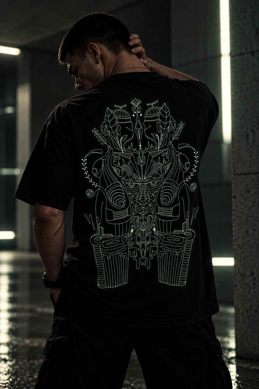 A man viewed from behind wearing a black LMNO t-shirt with a large, intricate light green graphic design on the back, set in a dark, moody urban environment.