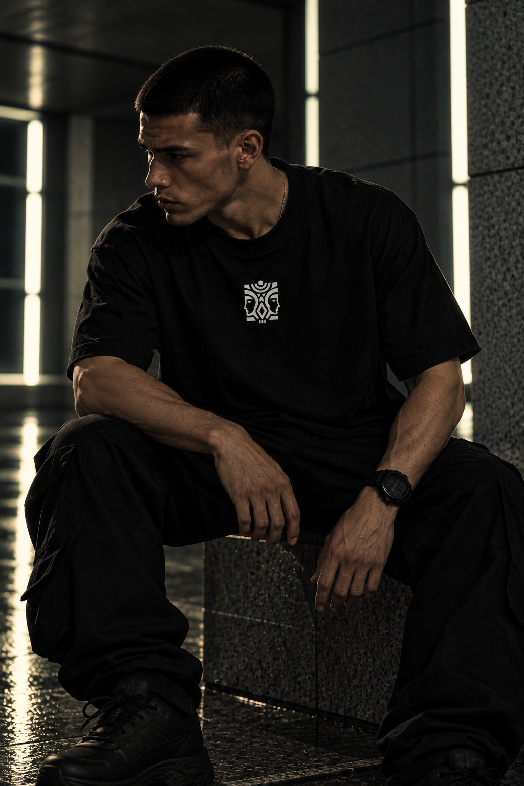 A man wearing a black LMNO t-shirt with a small white graphic on the chest, paired with black cargo pants, sitting on a stone block in a dimly lit, modern corridor.