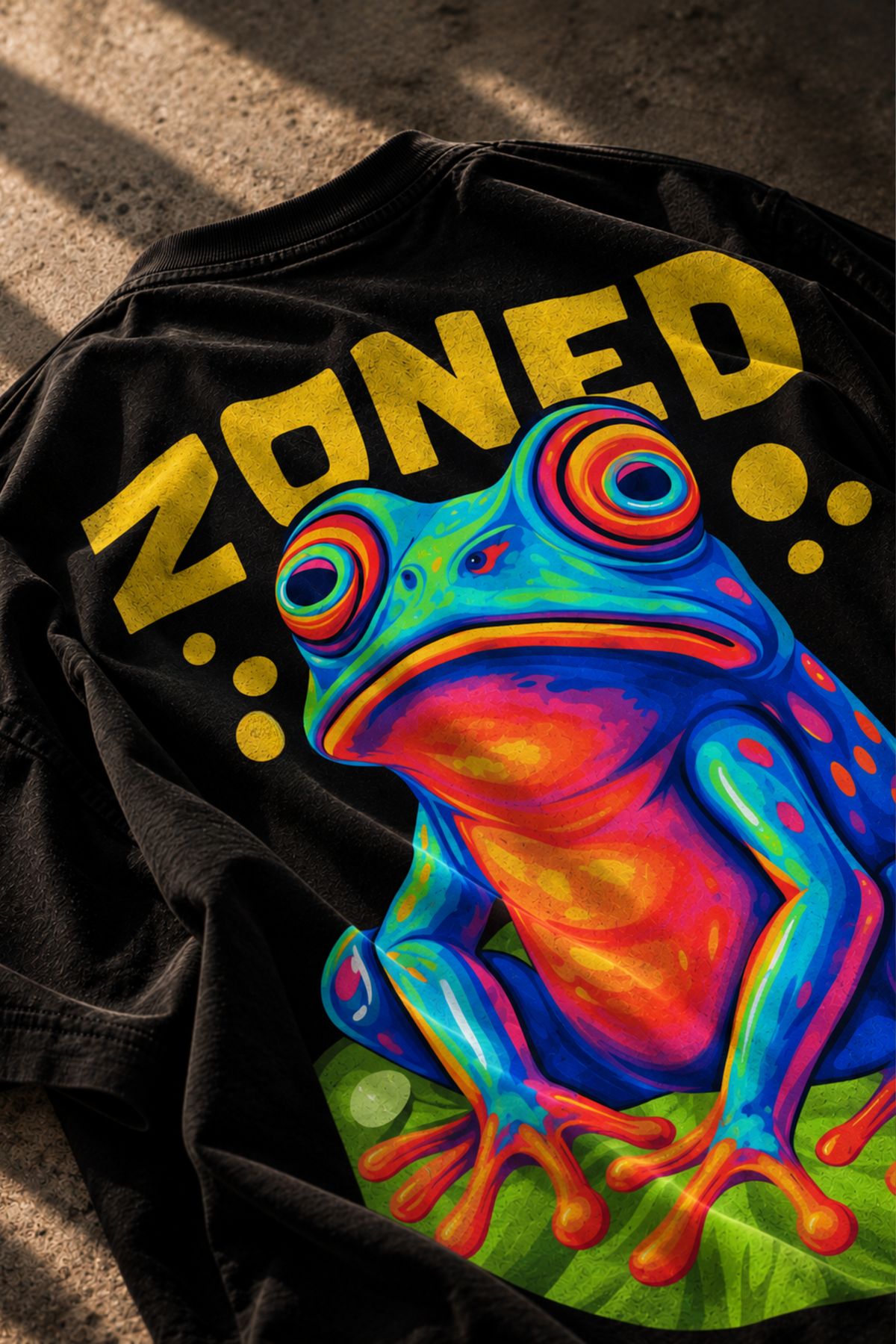 A black graphic LMNO t-shirt featuring a vibrant, colorful frog illustration and the word 'ZONED' in bold yellow letters, laid flat on a textured concrete surface.