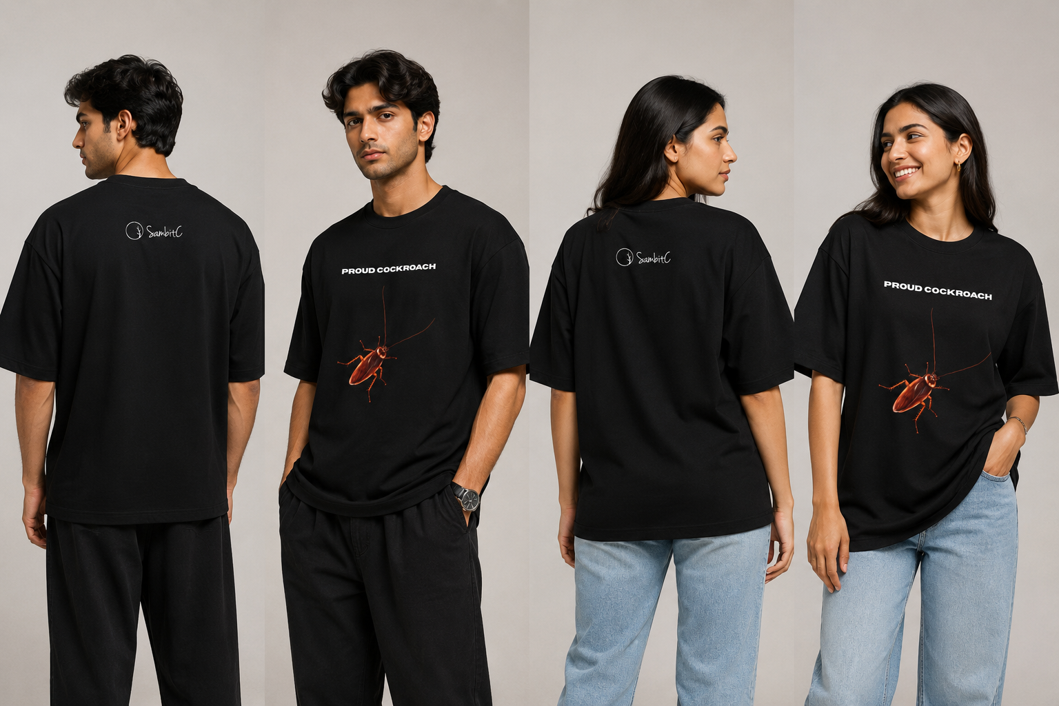 Four people wearing black t-shirts with printed designs on a plain background