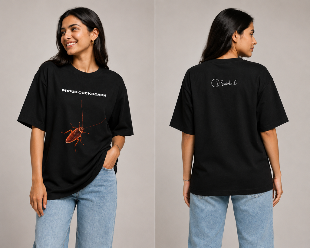 Female Model wearing a black t-shirt with text and graphics on a plain background in front and back view